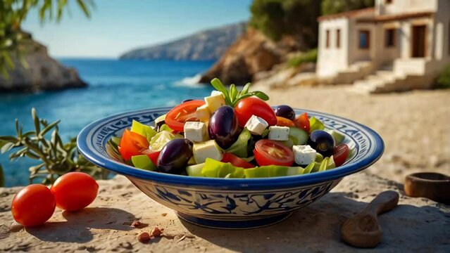 Delicious Greek salad in a plate outdoors in Greece nutrition

