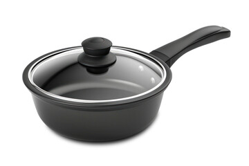 An image of a black pan with a lid, placed on a plain white background. Isolated