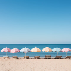 A row of beach umbrellas on a sandy shore. 