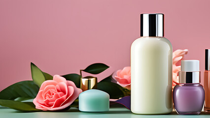 Obraz na płótnie Canvas macup, vials and jars of eco-friendly cosmetics. copy space