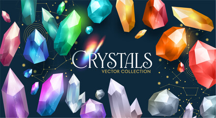 A vector collection of colourful crystals, diamonds and rare gemstones. Vector illustration