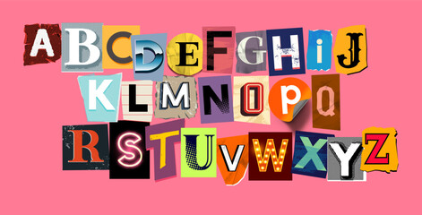 Creative collection of scrap book letters, ransom note alphabet. Vector font illustration. - obrazy, fototapety, plakaty