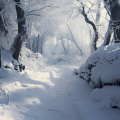 A stack of colorful dougA snow-covered forest with a winding path.hnuts on a plate. 