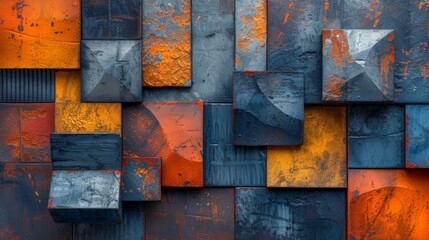 Metal Wall with Different Colors and Shapes - Organic Sculpting Dark Blue and Orange Multi Layered Mixed Media Background created with Generative AI Technology