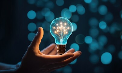 Creativity and smart thinking concept holding virtual light bulb on bokeh background