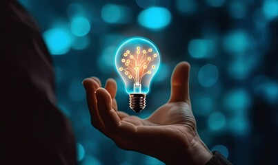 Creativity and smart thinking concept holding virtual light bulb on bokeh background