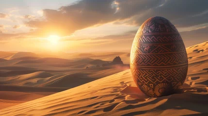 Foto op Canvas Amidst a sprawling desert landscape, a World Easter egg emerges from the shifting sands, its surface etched with intricate patterns reminiscent of ancient civilizations. © Dawood