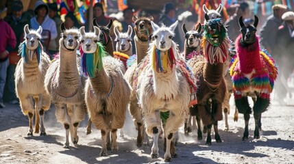 Group of llamas parading in the city road.