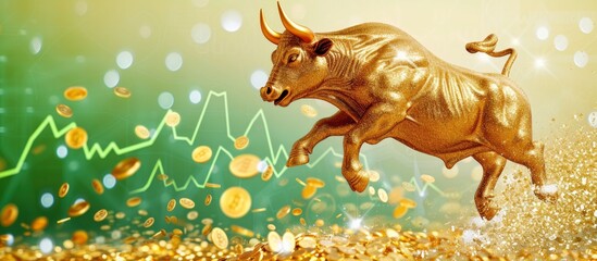 Golden Bull Jumping on Glittering Gold Coin Jewelry, Set Against a Background of Green Trading Graph, Symbolizing Prosperous Investments in Gold
