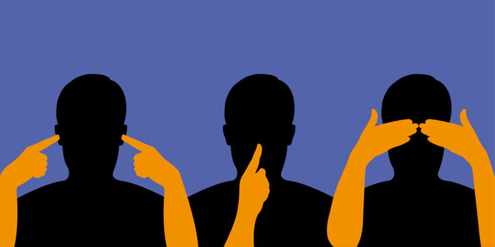 Concept chinois des trois singes de la sagesse, avec un homme qui se bouche les oreilles, ferme les yeux et garde le silence.