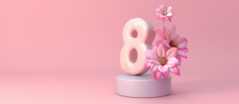 March 8 Celebrating International Women's Day with Minimalist 3D Number Design, Adorned with Flowers on a Pastel Background