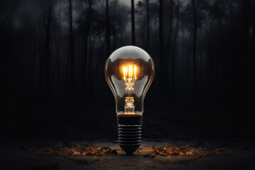 A classic light bulb stands out with its filament glowing warmly, casting a sparkle against a bokeh light background, symbolizing ideas and innovation.