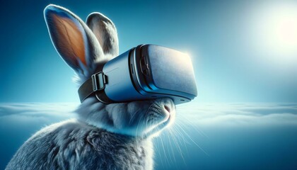 A rabbit with virtual reality headset on, against a blue background.