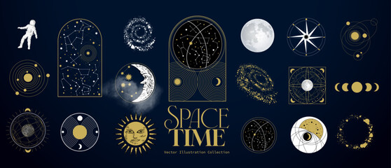 A collection of astrology and astronomy space spiritual star signs and objects. Vector illustration