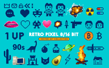 A collection of 8/16 bit retro 90's pixel characters, letters and icons symbols.