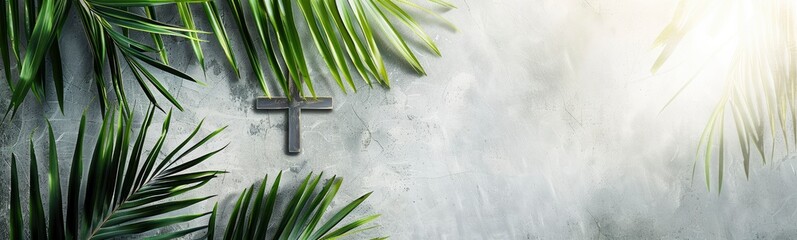Cross and palm on grey background, ash wednesday concept