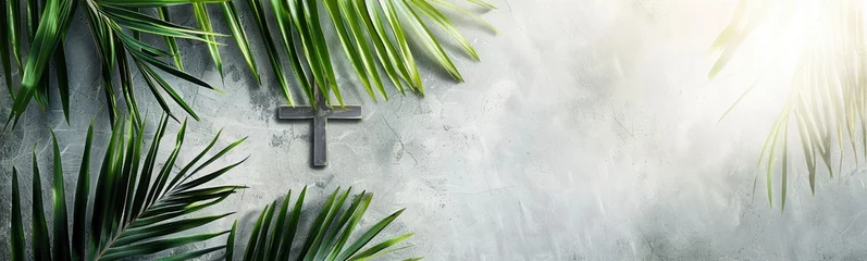 Foto op Canvas Cross and palm on grey background, ash wednesday concept © MdBaki