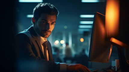 A dedicated professional working intensely at a computer screen in a dark office environment, reflecting late-night work dedication.