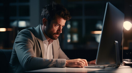 A dedicated professional working intensely at a computer screen in a dark office environment, reflecting late-night work dedication.