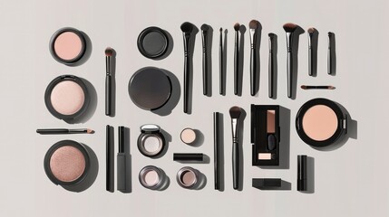 Top View of Makeup Cosmetics Set. A Comprehensive Array of Beauty Essentials.
