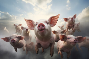 A playful and surreal image of joyful pigs soaring through a blue sky filled with fluffy white clouds, invoking a sense of fantasy and freedom.