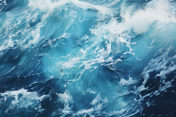 Fototapeta premium Top view of blue frothy sea surface. Shot in the open sea from above.