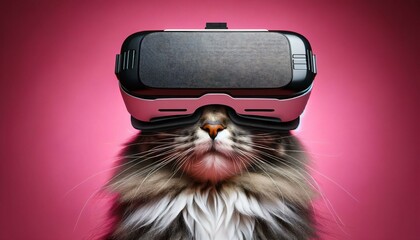 A portrait of a cat with virtual reality headset on, against a pink background. Whimsical concept of advanced technology with the natural world.