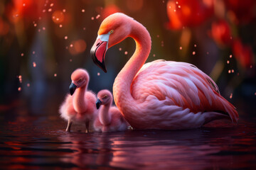 An enchanting scene capturing a mother flamingo with her fluffy chicks during the golden hour, their soft pink plumage glowing against the warm light.. - obrazy, fototapety, plakaty