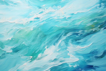 Obraz premium A serene painting that beautifully depicts the calm rhythm of sea waves, flowing in cool shades of blue, evoking a sense of peace and tranquility..