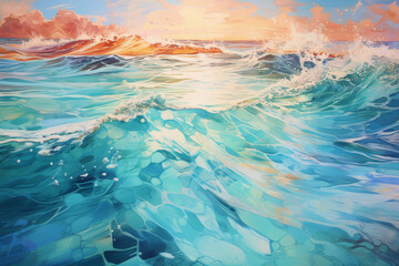 Fototapeta na wymiar A serene painting that beautifully depicts the calm rhythm of sea waves, flowing in cool shades of blue, evoking a sense of peace and tranquility..