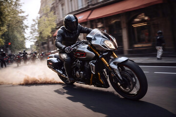 Biker speeding up on motorcycle on the street, motorcyclist in a city race. Motorbike sports. - obrazy, fototapety, plakaty