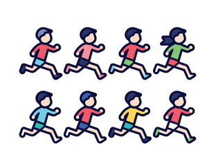 Eight cartoon runners motion, simple style, diverse colors. Group jogging, exercise, active lifestyle theme vector illustration