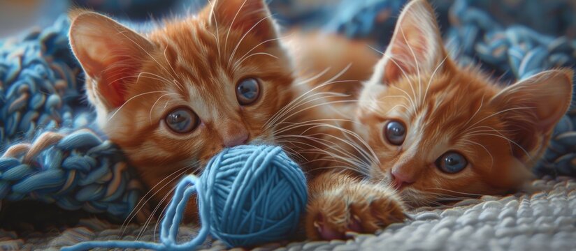 Adorable ginger kitten animal playing a blue ball of yarn. AI generated image