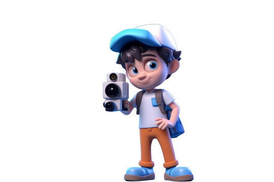 3D Render of Little Boy with camera on white background with clipping path
