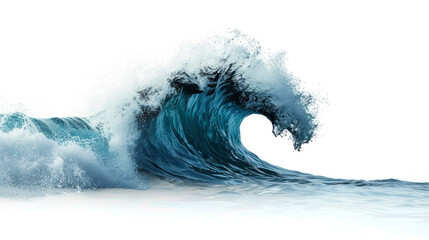 A powerful and imposing large blue wave crashes in the ocean, captured on a clean white background. Isolated