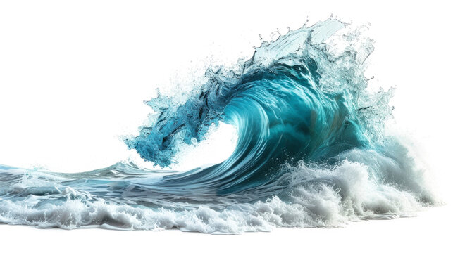 A massive wave with intense force crashes into the surface of the ocean, exhibiting its power and energy. Isolated