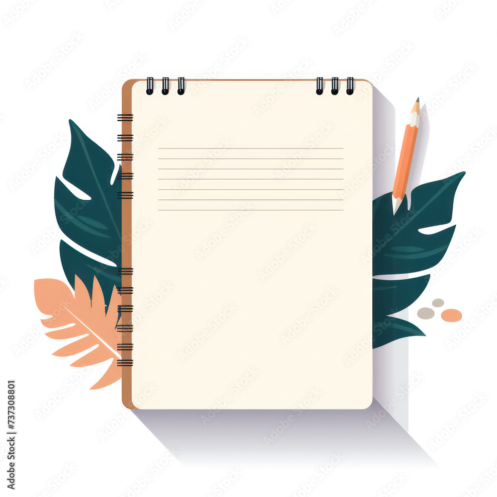 Poster blank paper: minimalistic office notebook on white desk with empty work space, top view