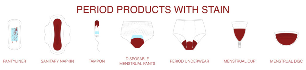 Simple Minimalist Lineart of Period Product Icons with Blood Including Pantyliner, Sanitary Napkin, Tampon, Disposable Menstrual Pants, Period Underwear, Menstrual Cup, Menstrual Disc