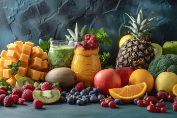 Variety of tropical fruits, berries and other foods on a kitchen counter to prepare a healthy juice or smoothie.