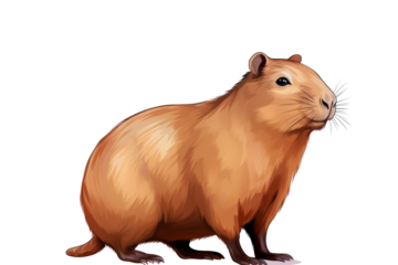 Capybara, hydrochoerus hydrochaeris, the largest house by the water with evening lighting during sunset. An orange evening with a cute mammal