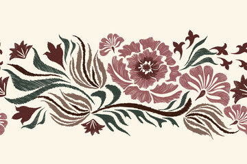 Vintage Floral pattern seamless vintage embroidery border with  rose flower motifs. Ethnic Ikat pattern Europe baroque design. Bohemian orange colour vector illustration design .