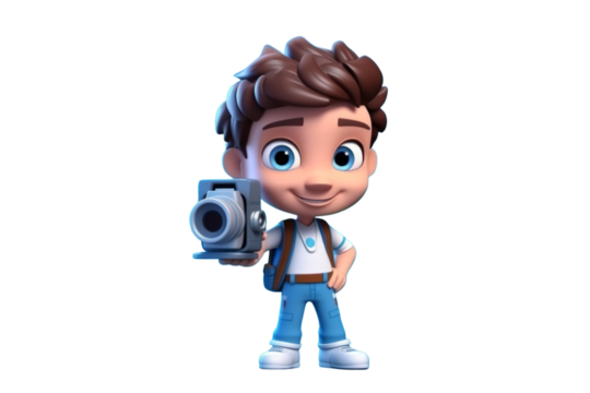 3D illustration of a boy with a camera. Isolated white background.