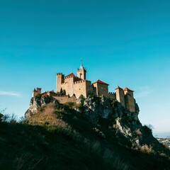 Fototapeta na wymiar A medieval castle on the top of a hill with tree silhouettes and a clear sky with copy space covadonga