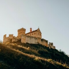 Obraz premium A medieval castle on the top of a hill with tree silhouettes and a clear sky with copy space covadonga