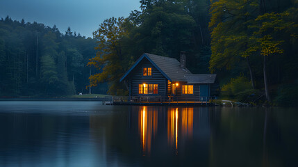 Obraz premium A minimalist villa, with a serene lake as the background, during a tranquil twilight