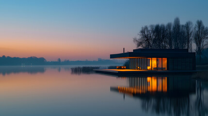A minimalist villa, with a serene lake as the background, during a tranquil twilight