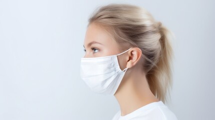 Portrait of a sideways woman wearing a medical mask, on a white background. Protection against pollution, viruses, bacteria, allergens. Pharmaceuticals, Pandemic, period of SARS and influenza concepts