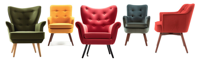 set of midcentury modern arm chairs in various colors, isolated on a transparent background