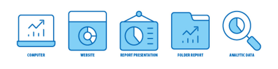 Analytic data, Folder, Report, Report Presentation, Website, Computer editable stroke outline icons set isolated on white background flat vector illustration.