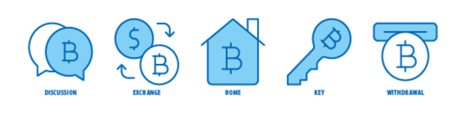 Obraz premium Withdrawal, Key, Home, Exchange, Discussion editable stroke outline icons set isolated on white background flat vector illustration.